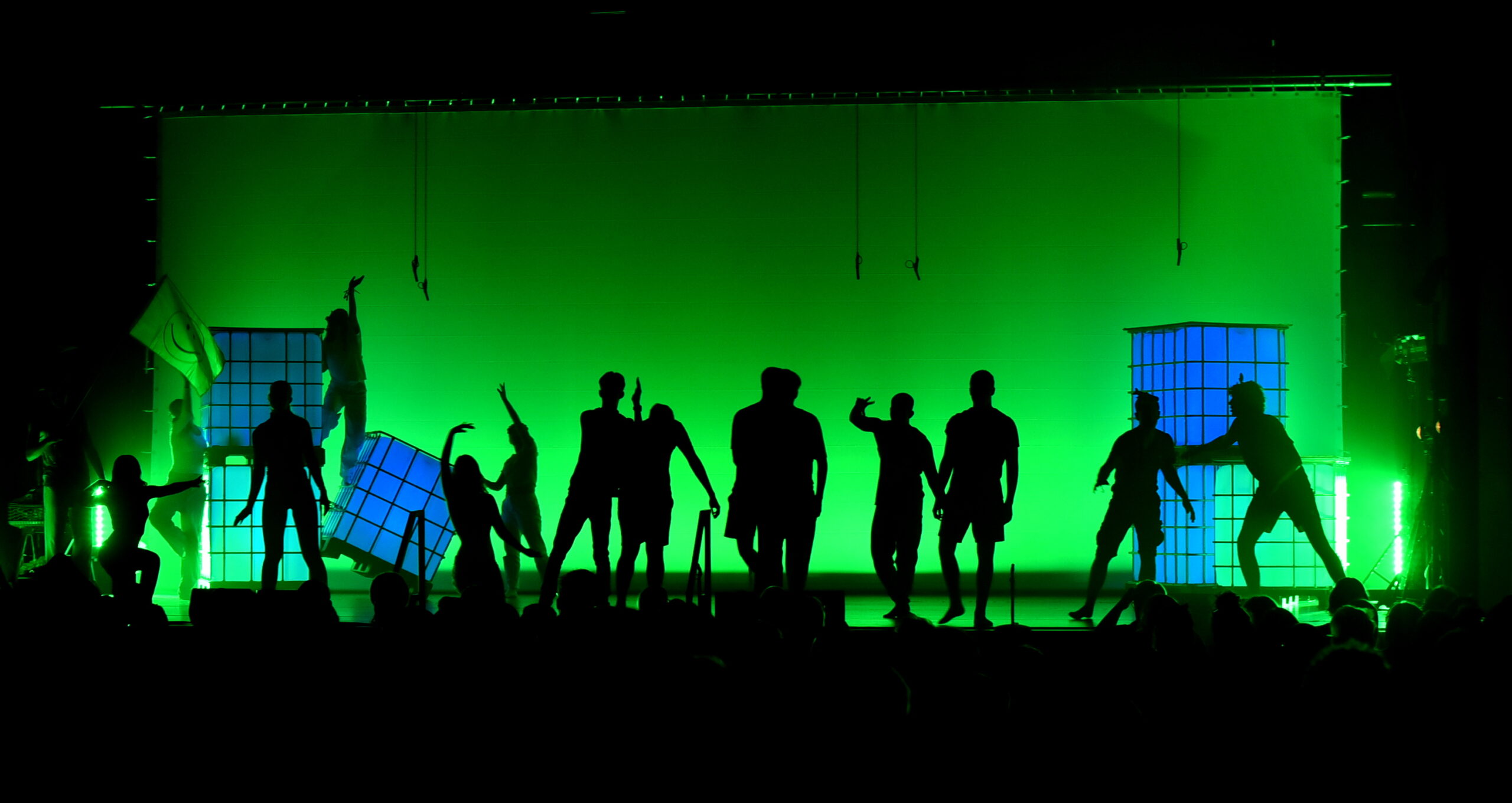 Foto einer Aufführung: schattenhafte Silhouetten von Schauspielern auf der Bühen vor grünem Hintergrund