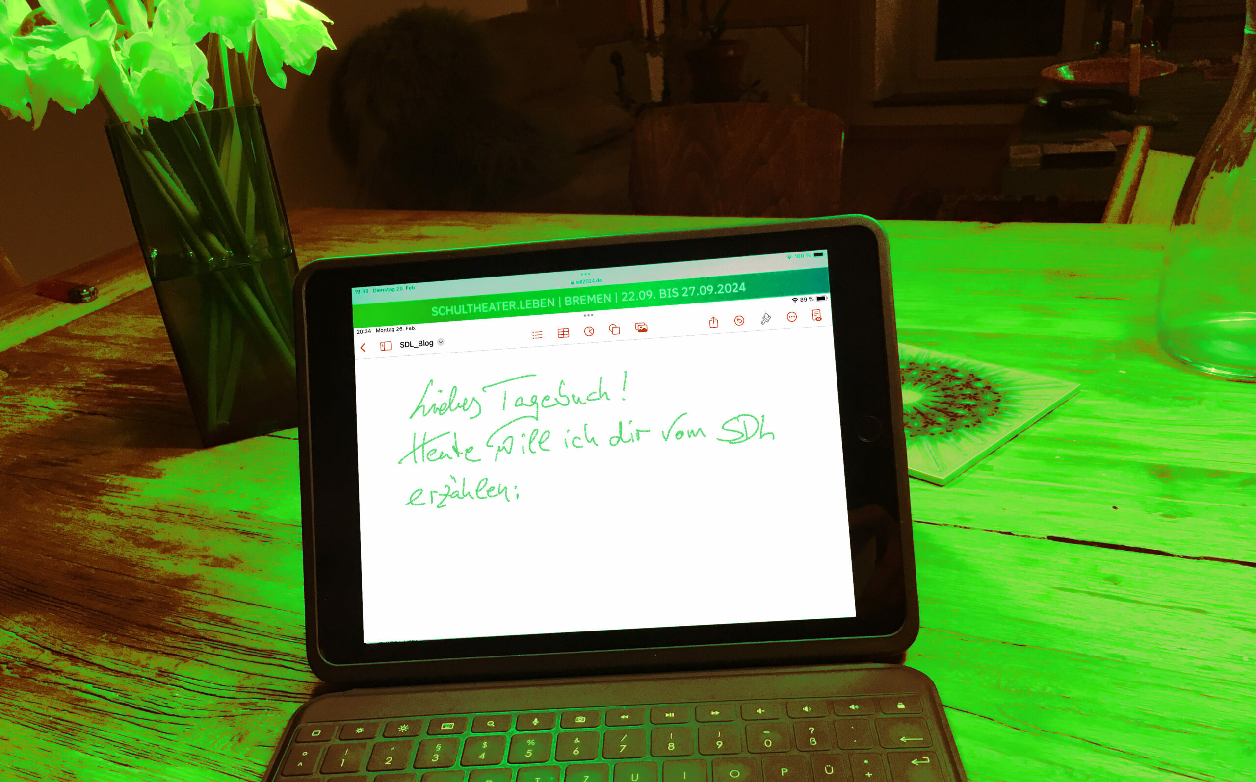 Ein aufgeklappter Laptop steht auf einem Tisch. Auf dem Bildschirm steht handschriftlich: Liebes Tagebuch, heute möchte ich dir vom SDL berichten.